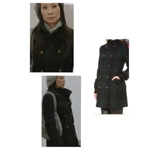 4920)Alice +Olivia Worn on TV Joan's Green Rhonda Plaid HiNeck Wool Blend Coat S